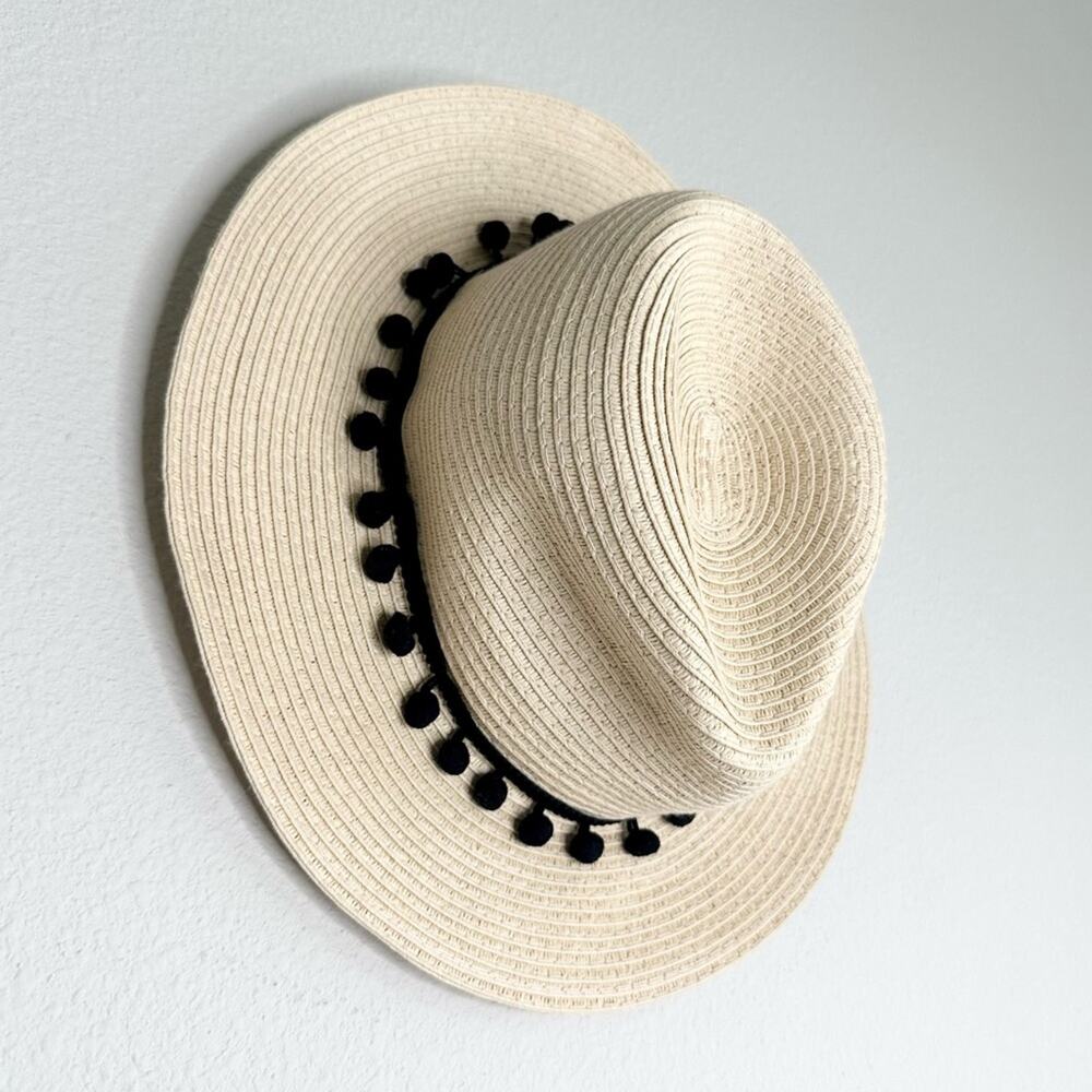 Straw Sun Hat with Black Pompoms One Size
